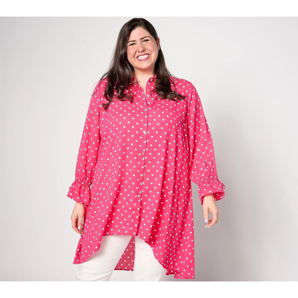 Susan Graver Pink Polka Dot Hi Lo Georgette Duster Button Front 3X Retro CoverUp